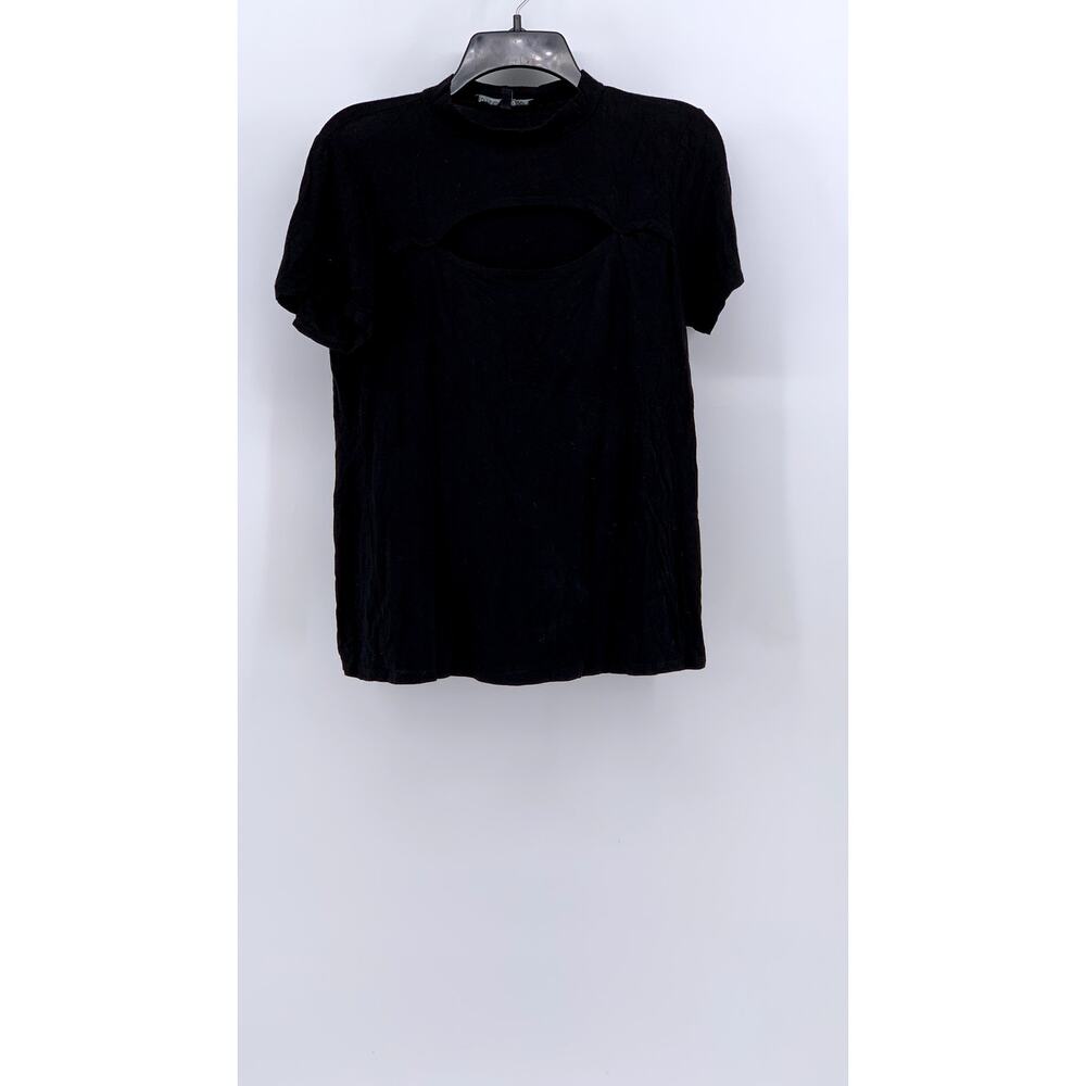 ELITE COLLECTION Women's Black Crew-Neck Cutout Short Sleeve Top SZ L